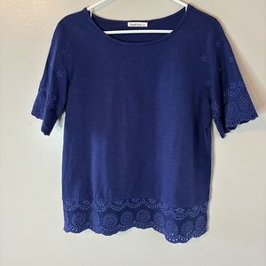 Woolovers Womens Navy Short Sleeve Top Lace Detail Cotton Shirt Sz Medium